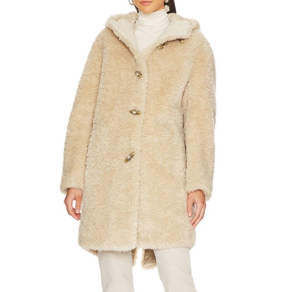 Rag & Bone Beige Iggy Faux Fur Shearling Longline Button Coat Wool Trim Sz S